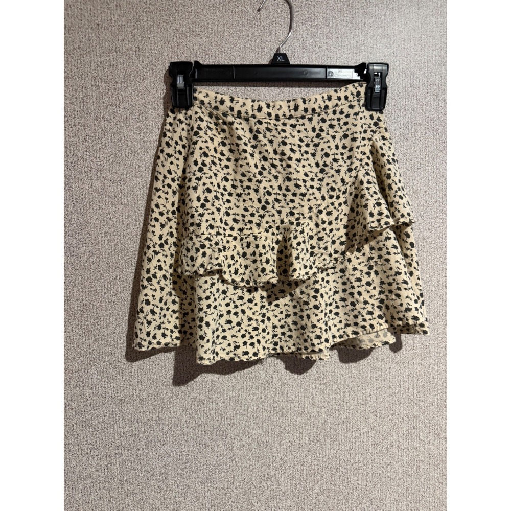 Japna Floral Ruffle Mini Skirt Cream Black XS Rayon Tiered Skater Skirt